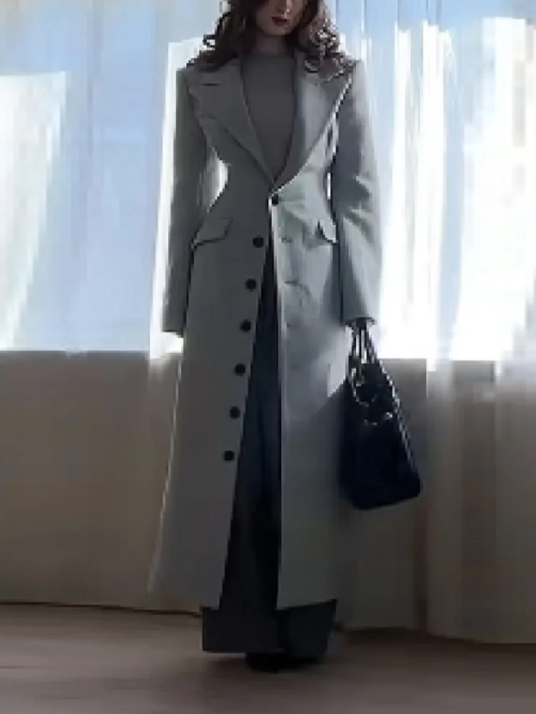 Elegant Cinch Waist Long Thick Coats Women Fashion Single Breasted Lapel Full Sleeve Slim Fit Overcoat Winter Party Commute Wear