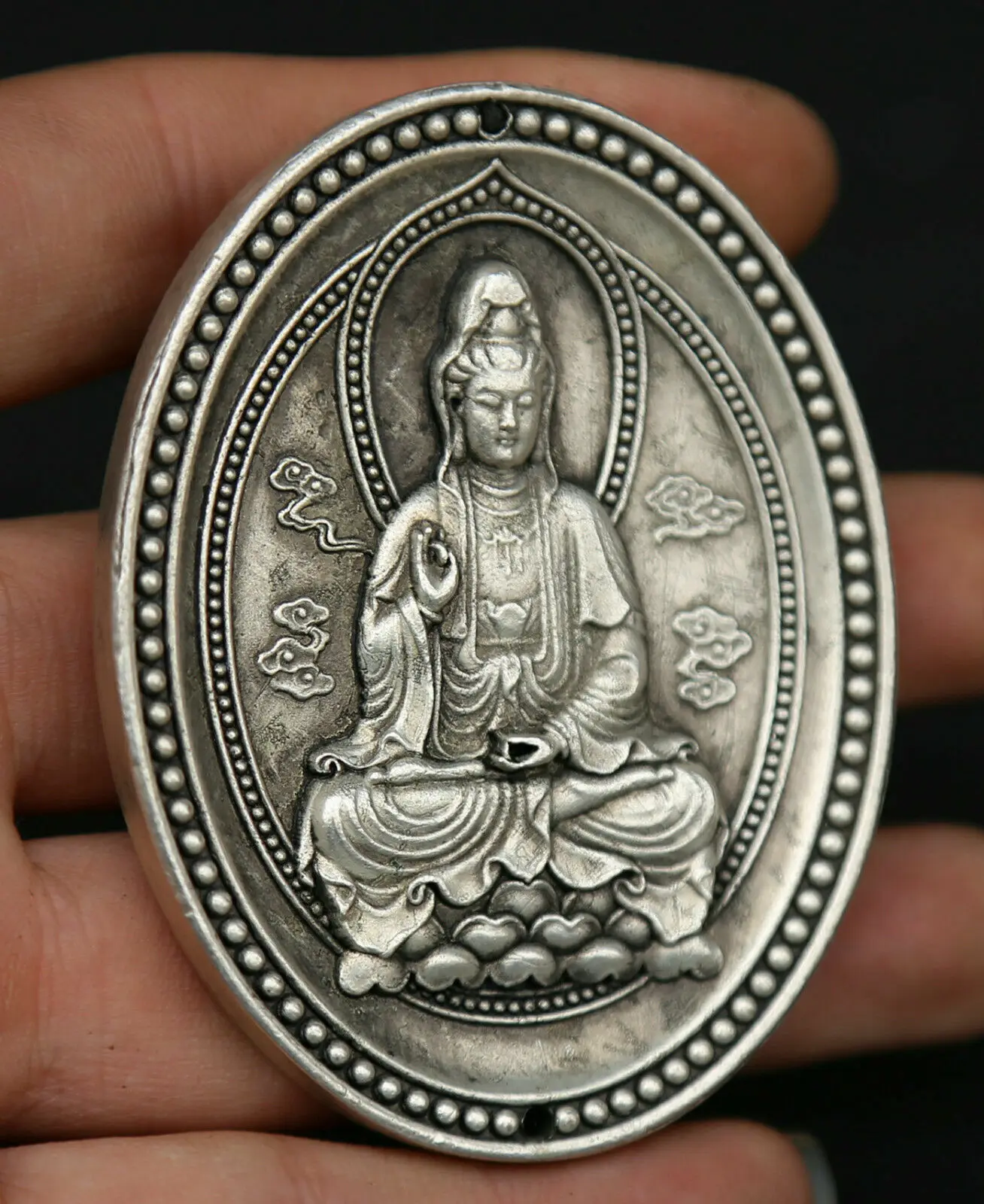 2.6" Chinese Miao Silver Buddhism Kwan-yin Guan Yin Boddhisattva Statue