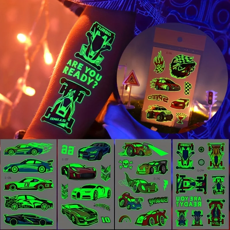 6 Sheets Luminous Racing Car Supplies Temporary Tattoos For Boys Glow In The Dark Cool Racing Car Engineering Vehicle School Bus