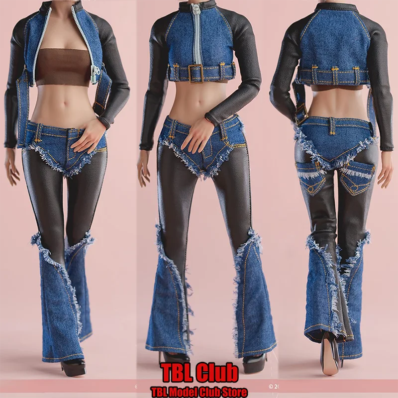 

CA021 1/6 Scale Retro Patchwork Denim Short Coat Bell-Bottoms High Heels Suit Female Clothes For 12-inch Action Figure Soldier