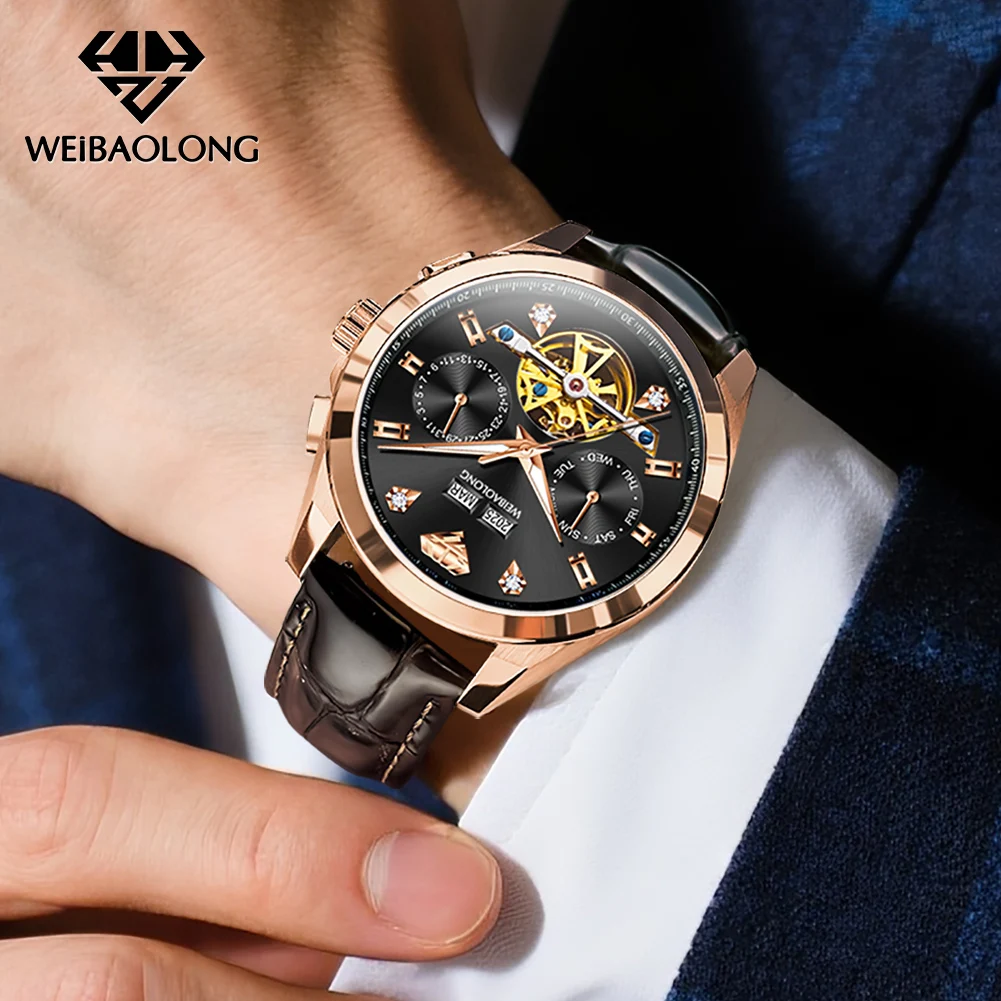 WEIBAOLONG 3806 Men Watch Real Diamond Imported Automatic Mechanical Watch for Men Original Leather Strap Skeleton Wristwatch