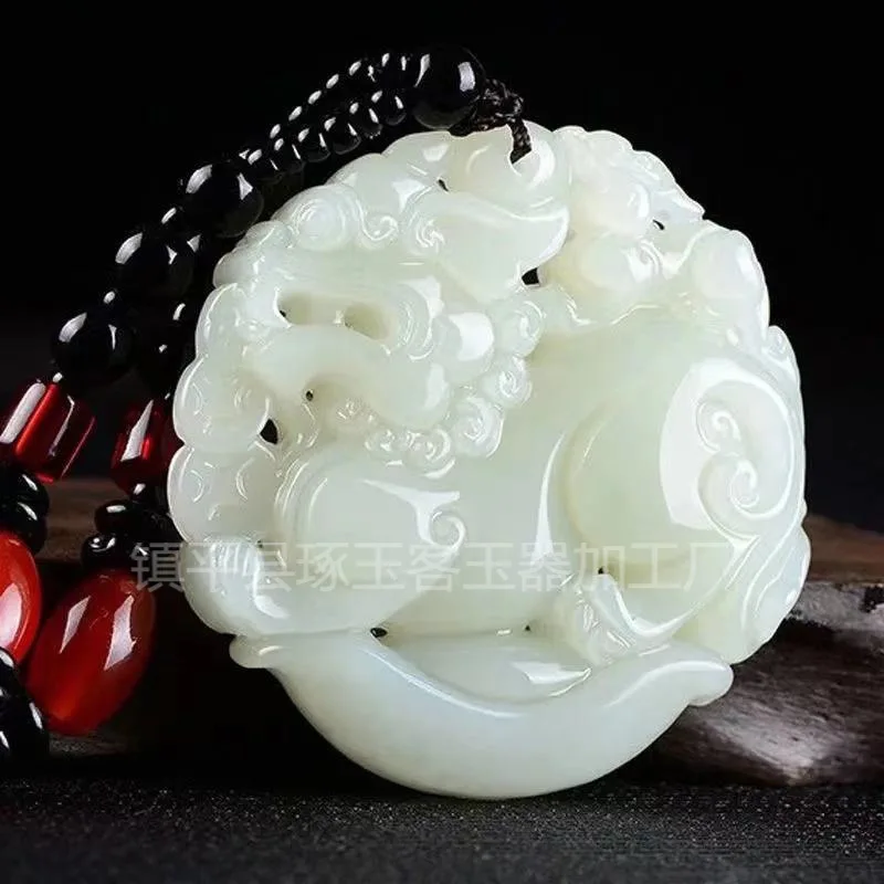 

Xinjiang Hotan Jade Pendant Yuanbao Pixiu White Jade Kirin Necklace Men's and Women's Round Pixiu Pendant Pendant