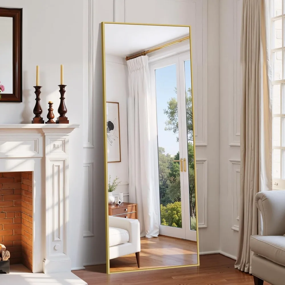 Espelho de chão dourado de comprimento total com suporte, espelho elegante de corpo inteiro para casa, espelho de parede grande