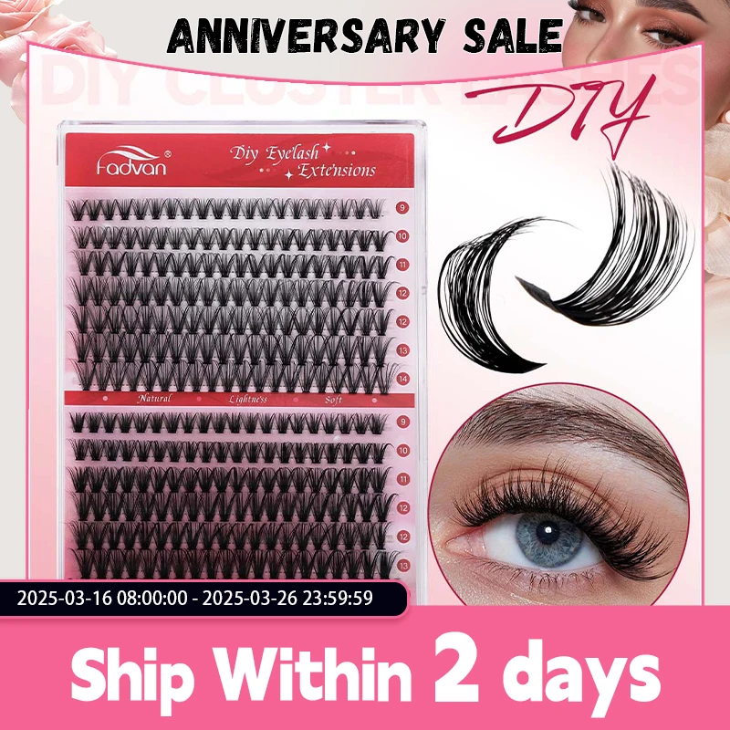 FADVAN Lashes 14 Row 30D+40D Cluster Lashes Upper Lower 0.07 D Mix10-16  Segmented Extens ion DIY