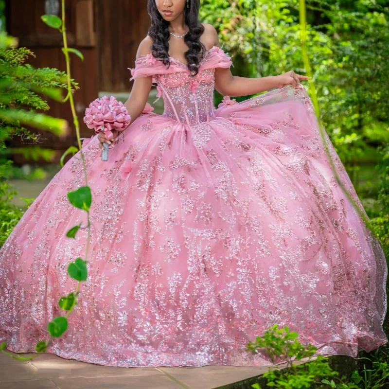 

Pink Shiny Quinceanera Dresses Ball Gown Off The Shoulder Sequin Applique Flower Beads Tull Corset Party Birthday Sweet 16 Dress