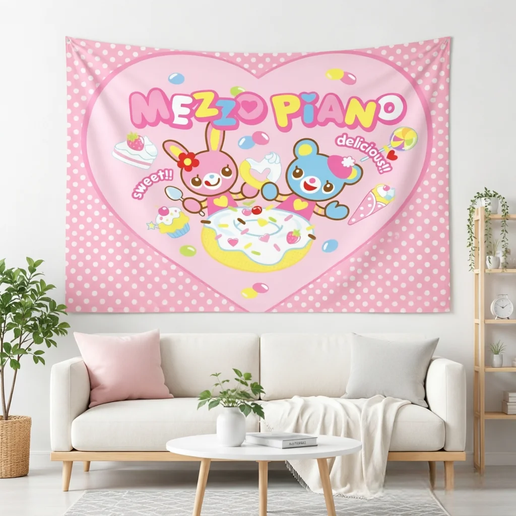 Kawaii Pastel Flag Cute Rabbit Bear Pink Polka Dot Heart Donut Cartoon Banner Dorm Bedroom Party Hanging Room Decor Holiday Gift