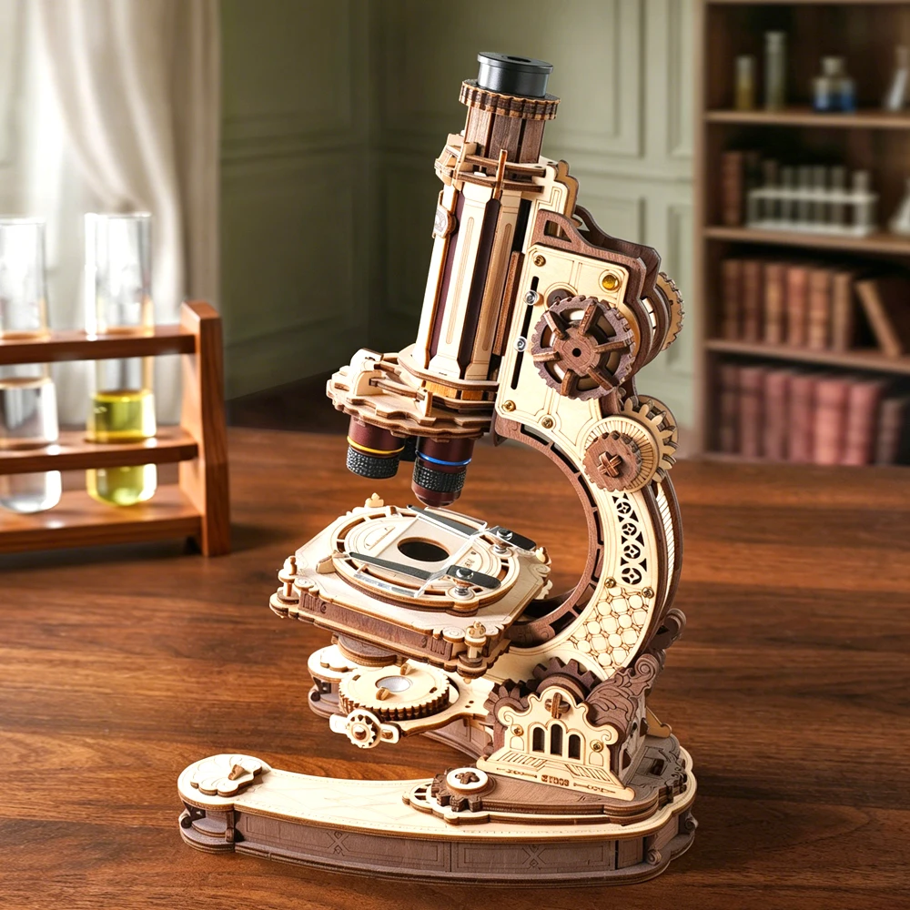 

DIY Microscope Wooden Building Blocks 3D Puzzle Model, Creative Science Gift for Kids Birthday Graduation Children's Day