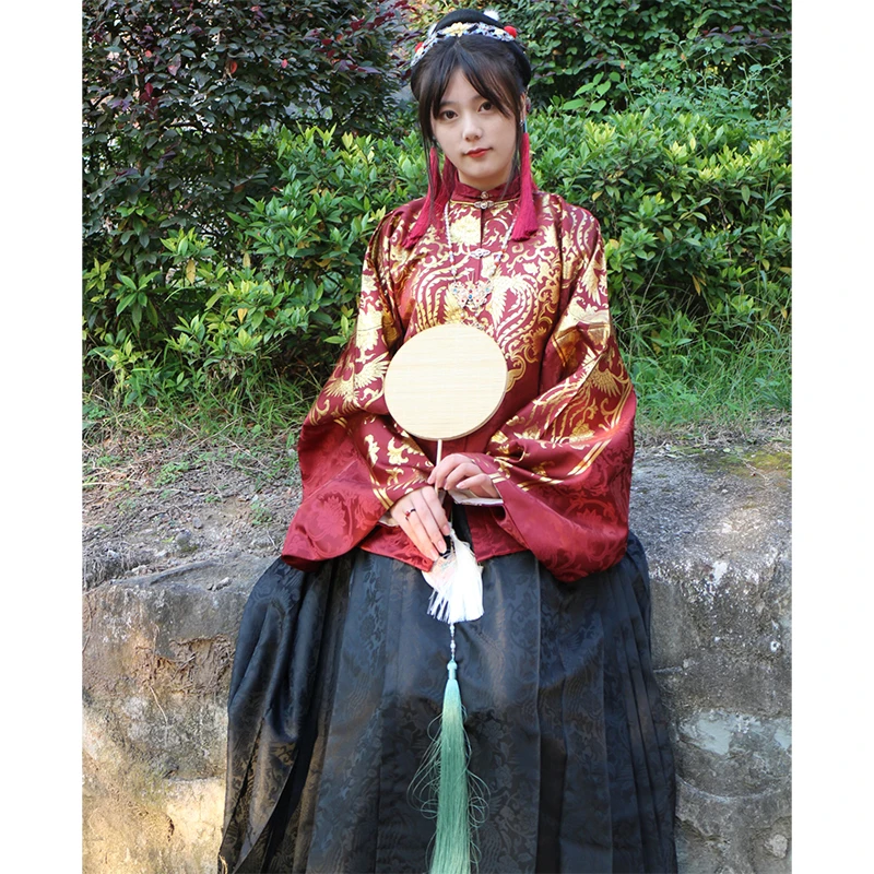 Hanfu Luanfeng et Ming-Veste Courte en Satin, Jupe Plissée à Face de Cheval, Taille du Point, 6 Mètres, 7 Paires