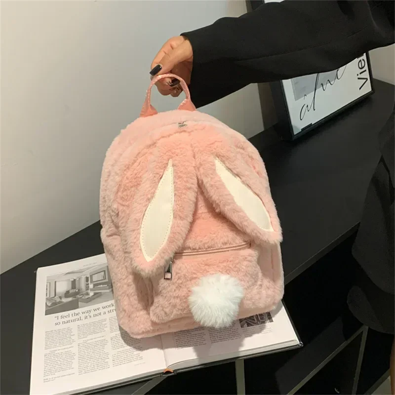 Mochila de orelhas de coelho de pelúcia feminina bolsa engraçada de grande capacidade bolsa de escola para menina viagem outono inverno 2022