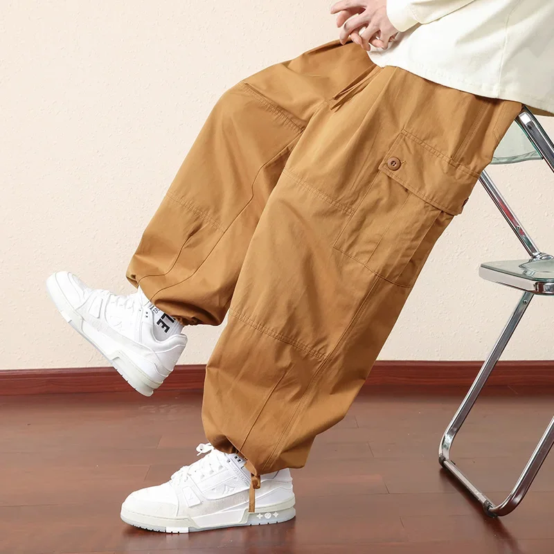 2023 Men Casual Pants Loose Straight Wide Leg Pants Retro Streetwear Cotton Solid Color Trousers