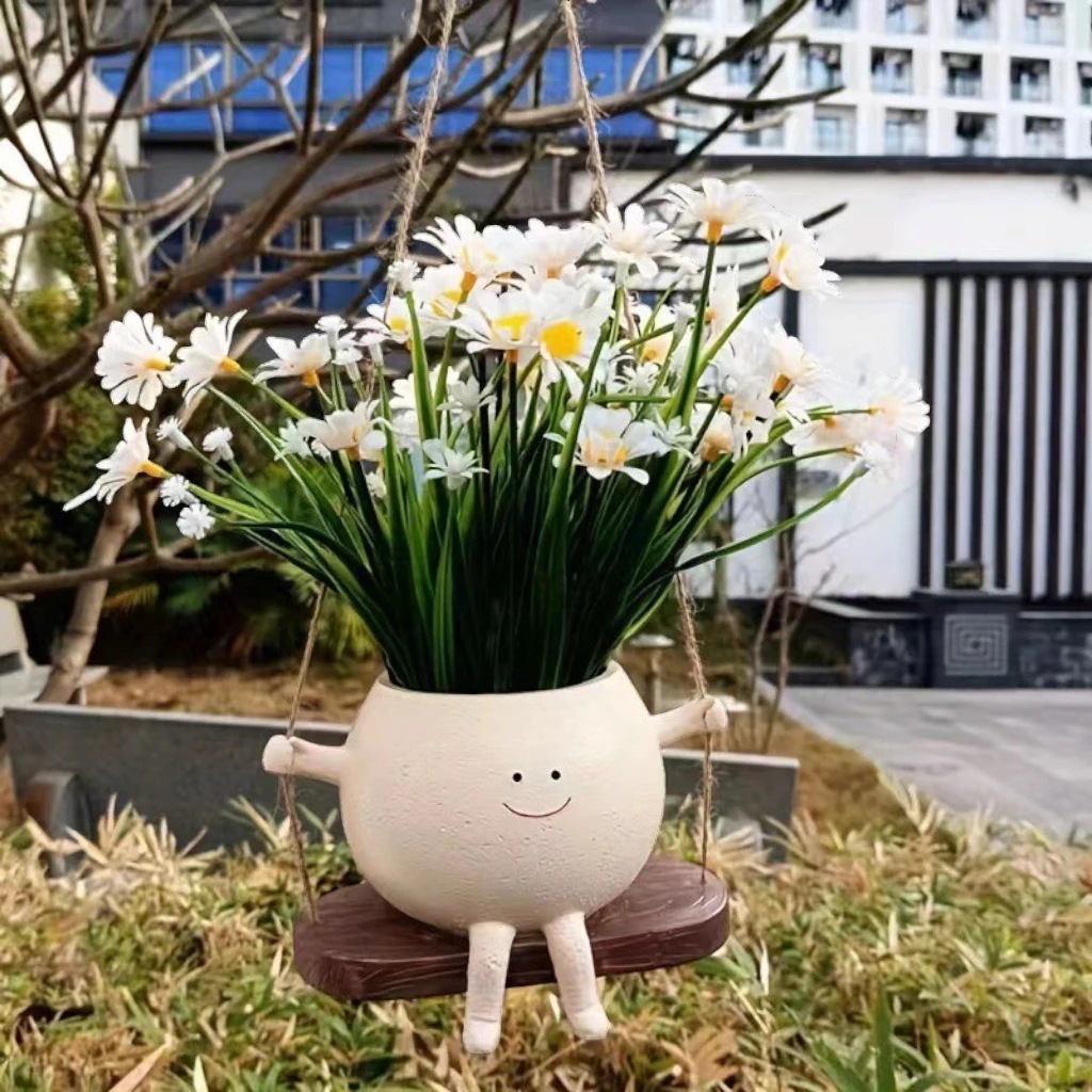 Swing Flower Container Resin Cartoon Flowerpot Creative Wall Hanging Head Planter Multifunctional Home Garden Patio Accessories