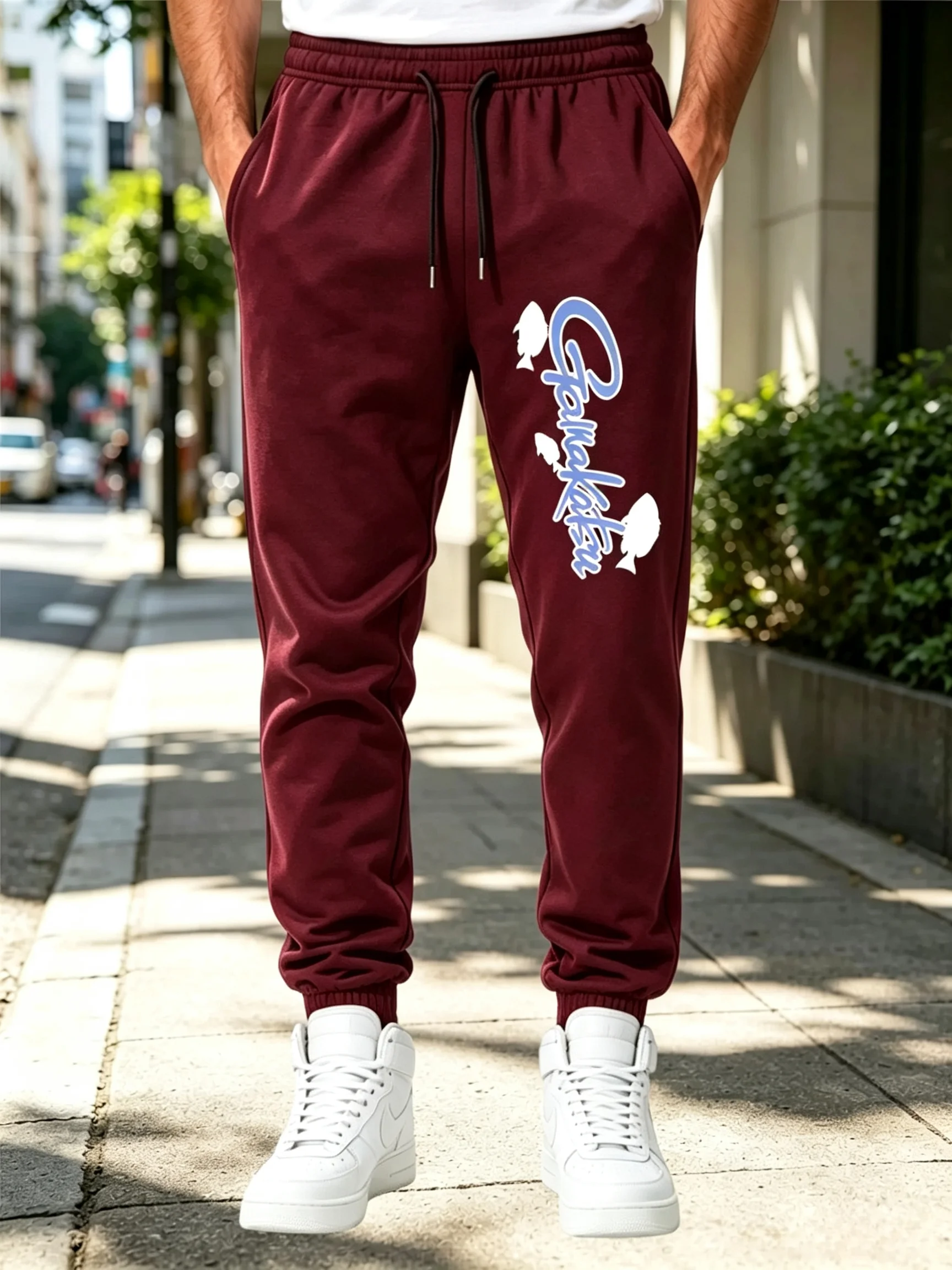 Men's Sea Fishing Vertical Nautical Print Joggers Elastic Drawstring Cuffed Loose‑Fit Pants with Side Pockets for Outdoor Wear