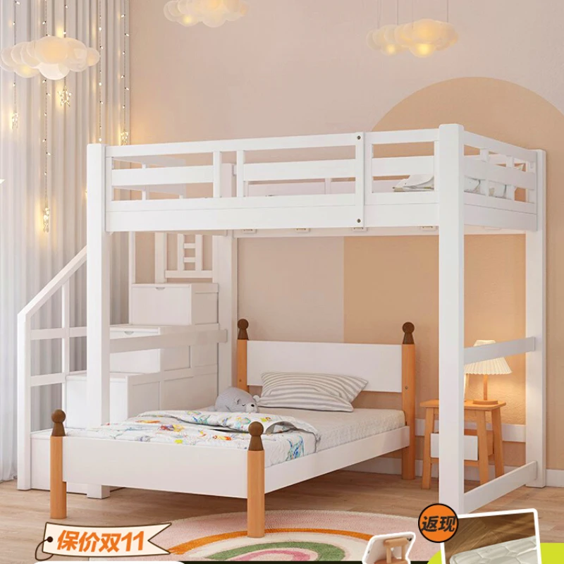 Small unit solid wood bed, beech wood, staggered upper and lower beds, mother and son, staggered bed and lower table, white