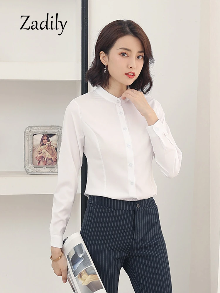 Zadily Office Lady Long Sleeve Women White Basic Shirt Blouse Stand Neck Tunic Button Up Work Female Clothing All Season Tops