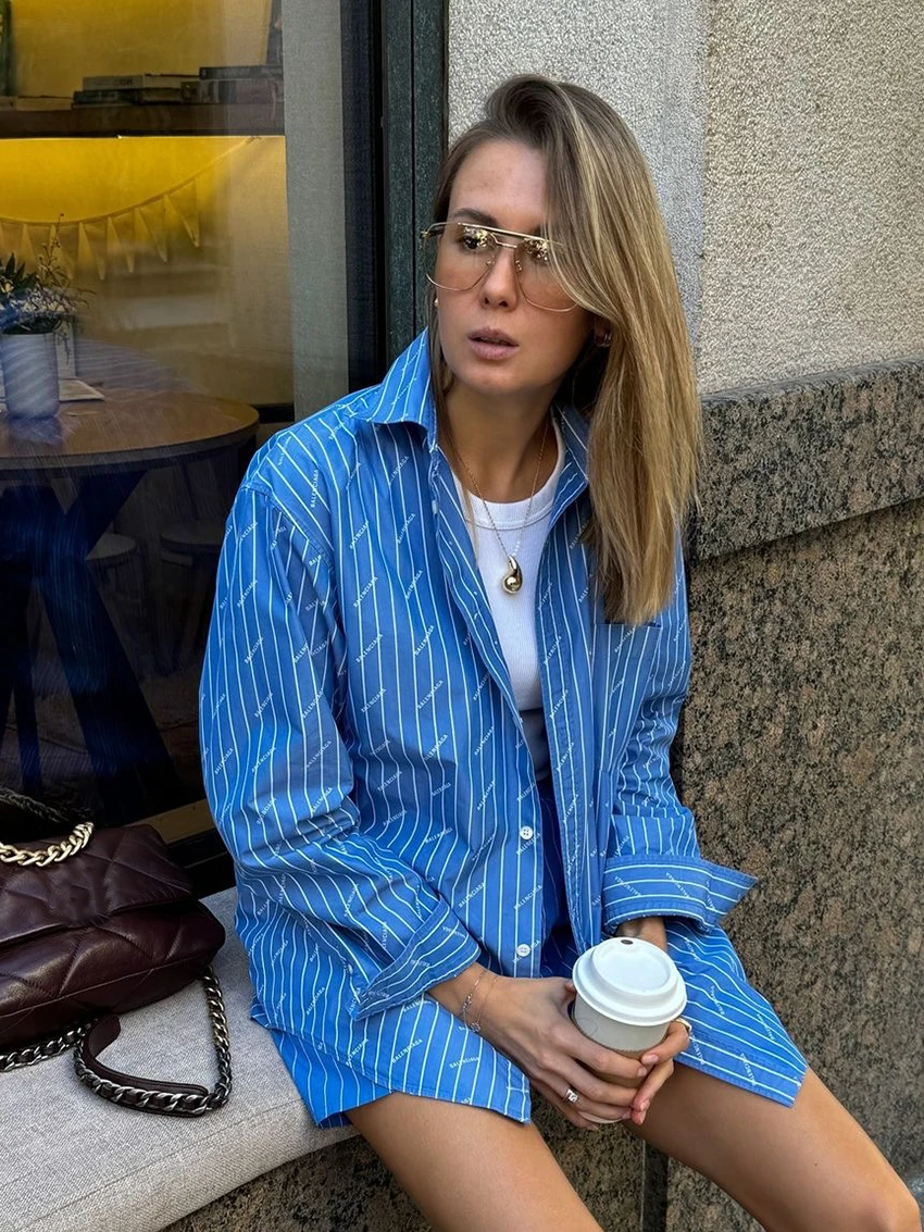 Marthaqiqi Striped Loose Female Nightgowns Set Turn-Down Collar Nightwear Long Sleeve Sleepwear Shorts Casual Ladies Pajama Suit