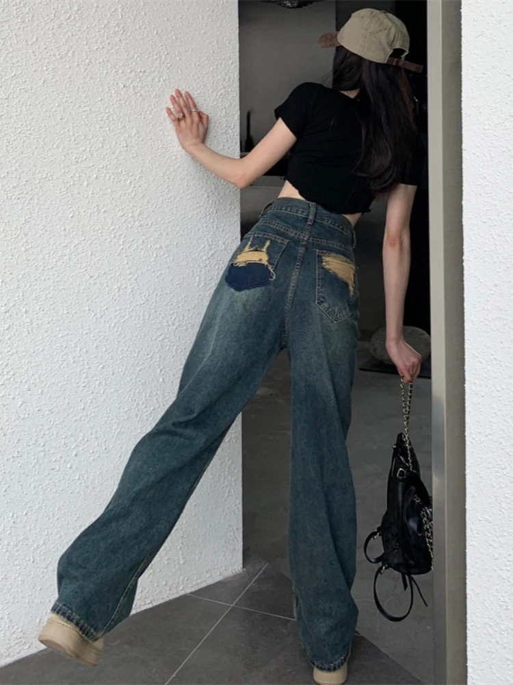 QWEconvex-Jean Vintage à Jambes Larges pour Femme, Pantalon Streetwear Taille Haute, Harajuku, Mode Coréenne, Droit, Décontracté, Fait en Denim,