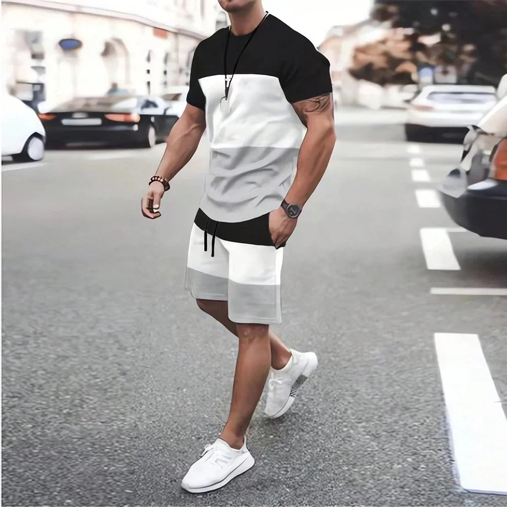 3d Black & White Printed Men's T-Shirt Sportswear Suit Male Clothing Men's Short Sleeve & Shorts Summer Beachwear 2 Piece Sets