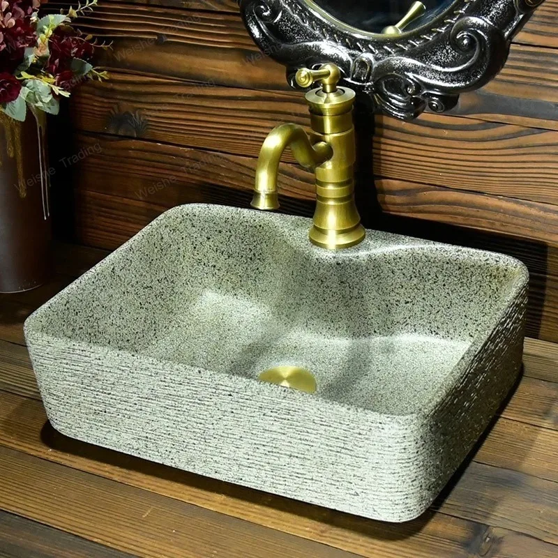 European Style Ceramic Basin For Bathroom Furniture Square Antique Stage Washbasin Modern Household Wash Basin Bathroom Sinks N