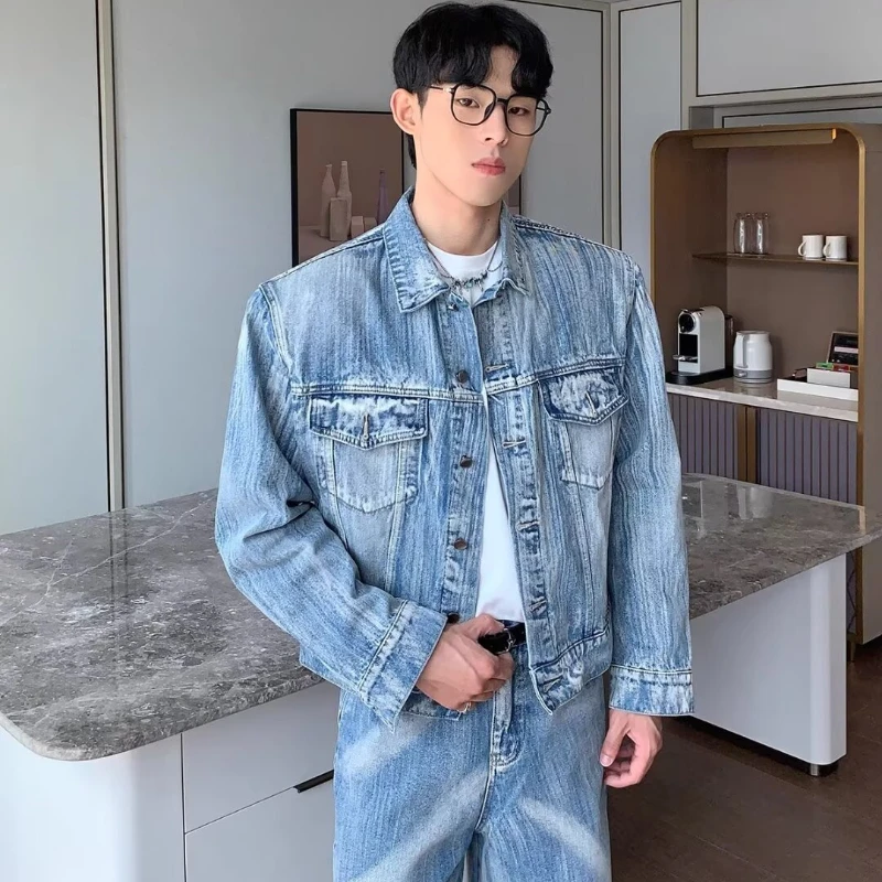 Trendy Hip Hop Mens Cowboy Suit High Street Tie Dye Blue Unisex 2-pcs Set Y2k Punk Denim Jacket+Straight Leg Jeans Sets 2024