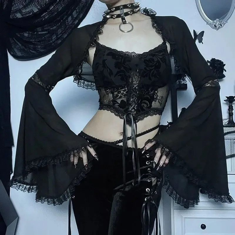

Dark Lace Flare Sleeve Cardigan Women Japanese Lolita Slim Thin Outerwear Crop Top Vintage Gothic Y2k Aesthetic Shirts