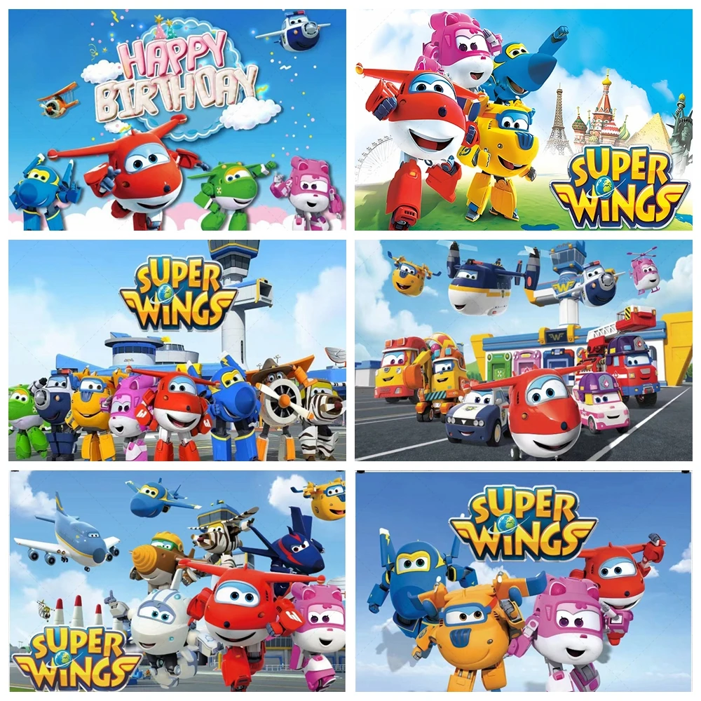 

Super Wings Theme Birthday Party Backdrop Cartoon Super wing Decoration Aircraft Background Banner Baby Shower Photography Props