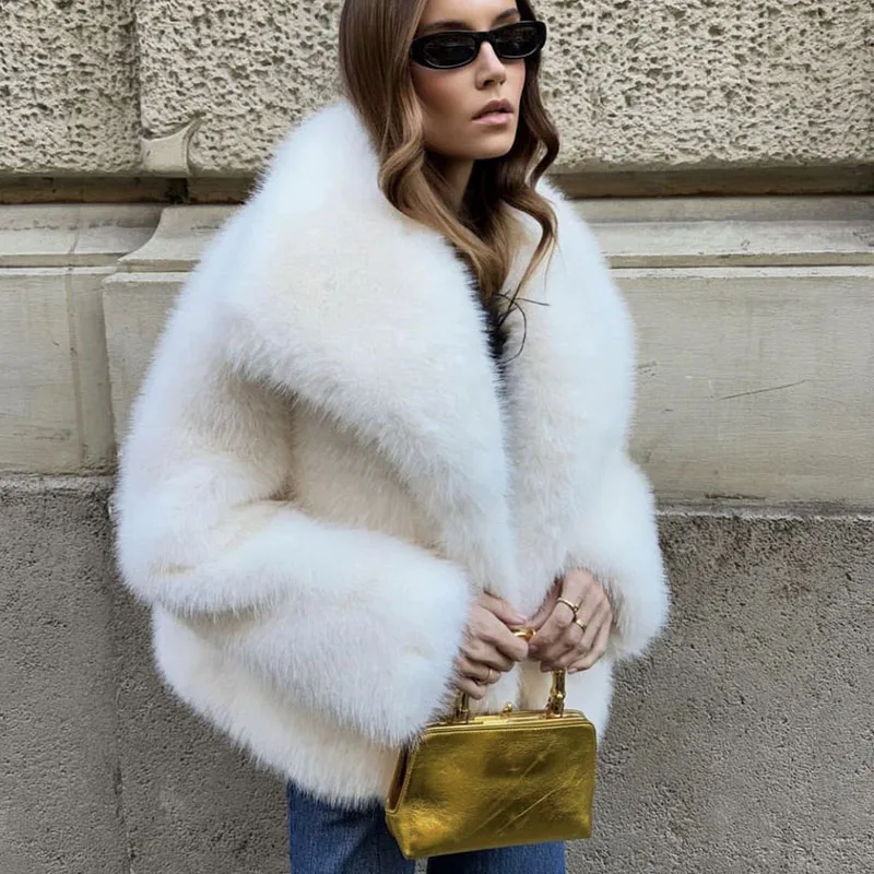 Winter Short Thick Warm Shaggy Soft Black Faux Fur Loose Coat Women Shawl Collar 2026 Loose Luxury High Quality Fluffy Jacket