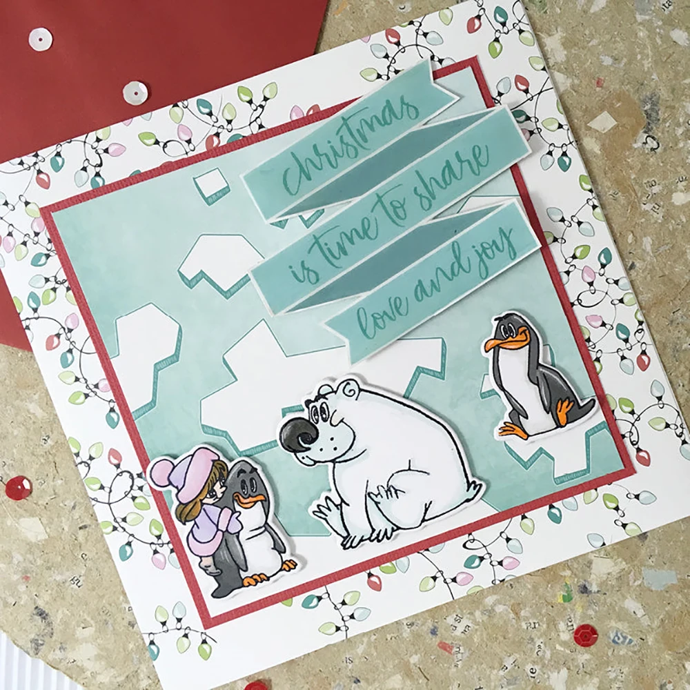 ฤดูหนาวสัตว์เพนกวินล้างแสตมป์และตัด Dies คริสต์มาส Gnomes ตกแต่ง Die ชุดแสตมป์สําหรับ DIY Scrapbooking Card ทํา