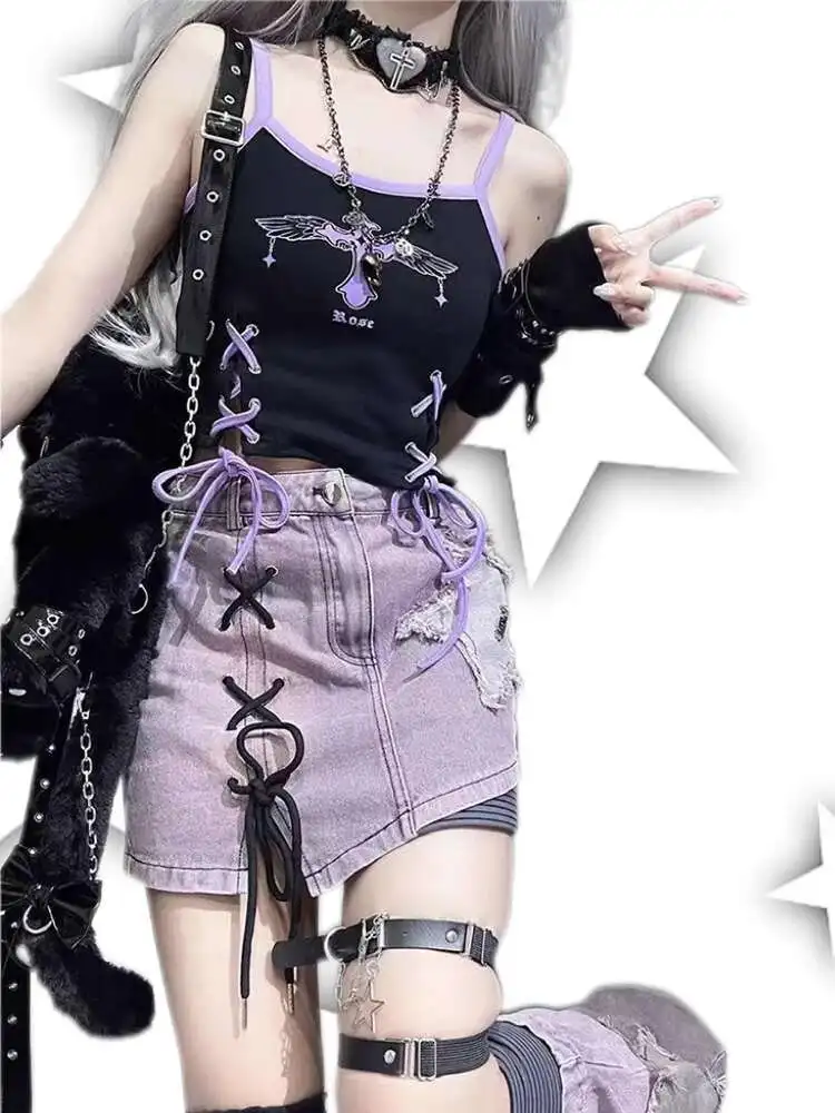 

Модная летняя джинсовая юбка А-силуэта с высокой талией, тонкая, в стиле Y2K, американский стиль, фиолетовая, женская, новинка 2026 года