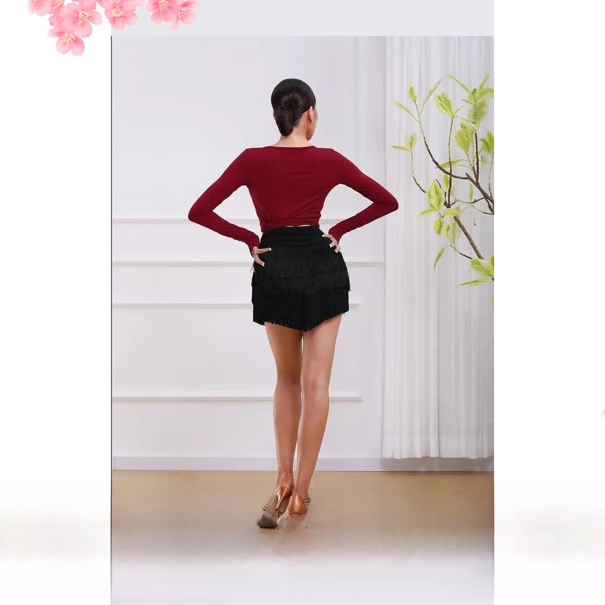 conjunto-basico-de-danca-latina-de-manga-comprida-para-pratica-estilo-professora-com-saia-curta-e-top-com-franjas-para-outo