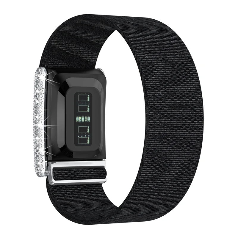 Diamond-embedded Whoop5.0 Nylon Woven Elastic Casual Wristband With Full-diamond Bright Silver Metal U-frame