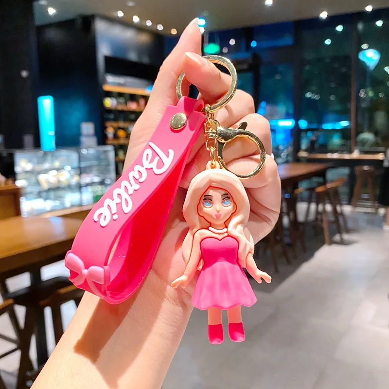 New Cute Disney Cartoon White Keychain Pink Barbie Princess Keychain Cute Couple's Bag Keyrings Pendant Small Gift