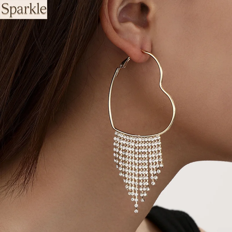 

Exaggerated Unique Heart-Shaped Large Hoop Earrings For Women Zirconia-Studded Tassel Big Drop Earrings Charm Ear Accessories