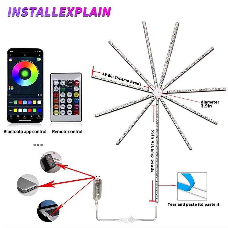 USB 5V LED RGB Fireworks Light APP Smart Control And With Remote Control Music Voice Controlled Decorative Ambient light