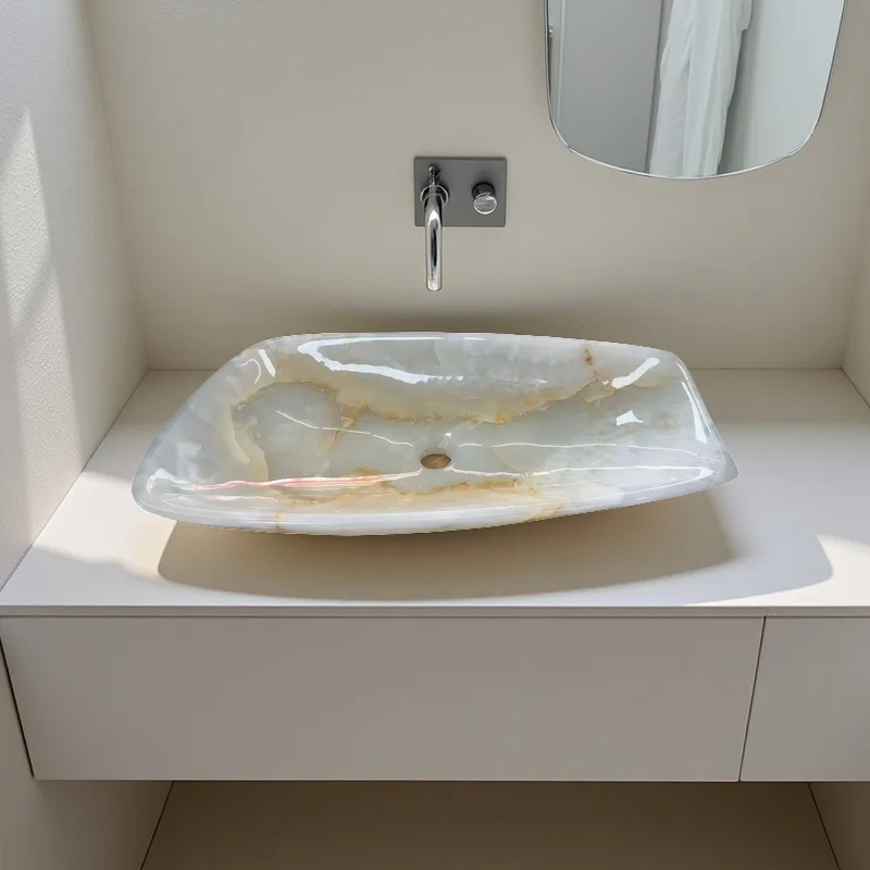 Unique Design Modern Hotel Luxury Stone Wash Basin Bathroom Vanity White Onyx Marble Sink with Drainer