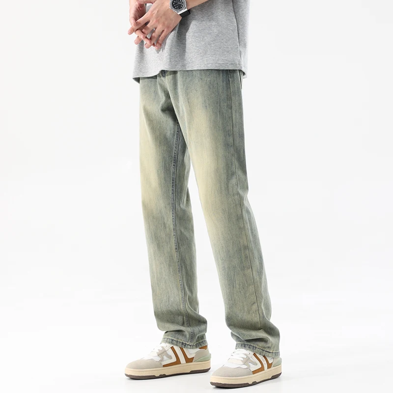 2024 Spring and Summer All-Match Yellow Mud Dyed Washed Worn Jeans Men's Korean Fashion Stretch Retro Straight Tall Trousers