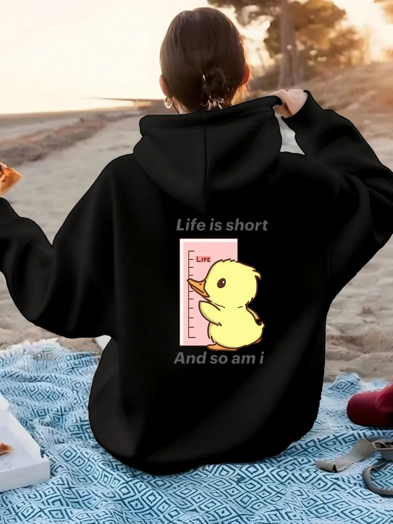 Cute Yellow Duck Life Is Short Pattern Hoody Women Casual Loose Hoodie Fleece Y2K Clothing Autumn Comfortable Unisex Pullover