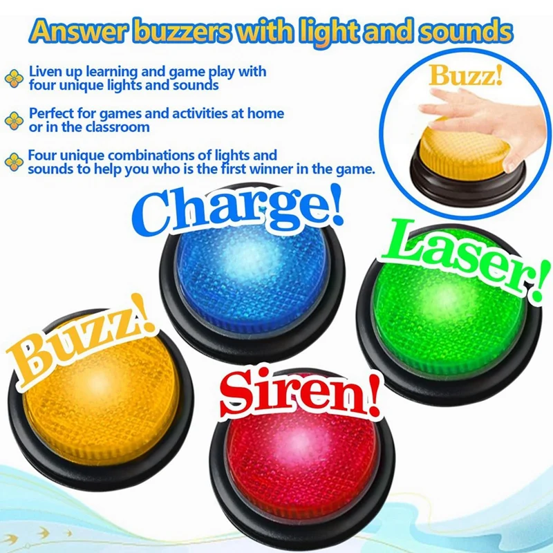 FFYY-4 Pack Buzzers لألعاب Trivia، طنانة الإجابة للفصل الدراسي، طنانات الألعاب مع أضواء وصوت رائعة للألعاب