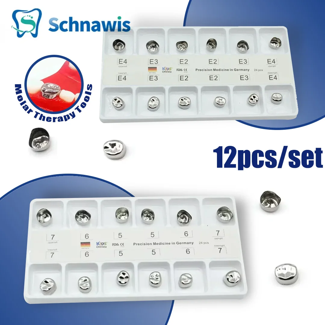 

12pcs/set Dental Preformed Metal Crown Stainless Steel Temporary Crowns Primary Molar Adult Kids Dentistry Therapy Tools