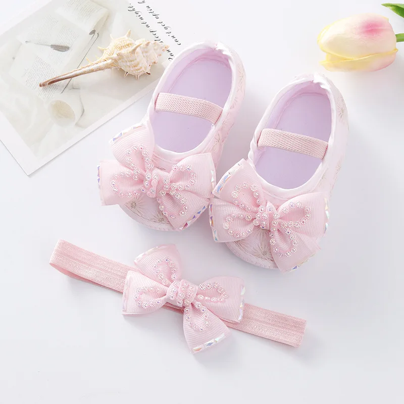 

0-18months Baby Girls Princess Shoes Dress Walking Shoes and Headband for Newborn Girls Crib Shoes Set