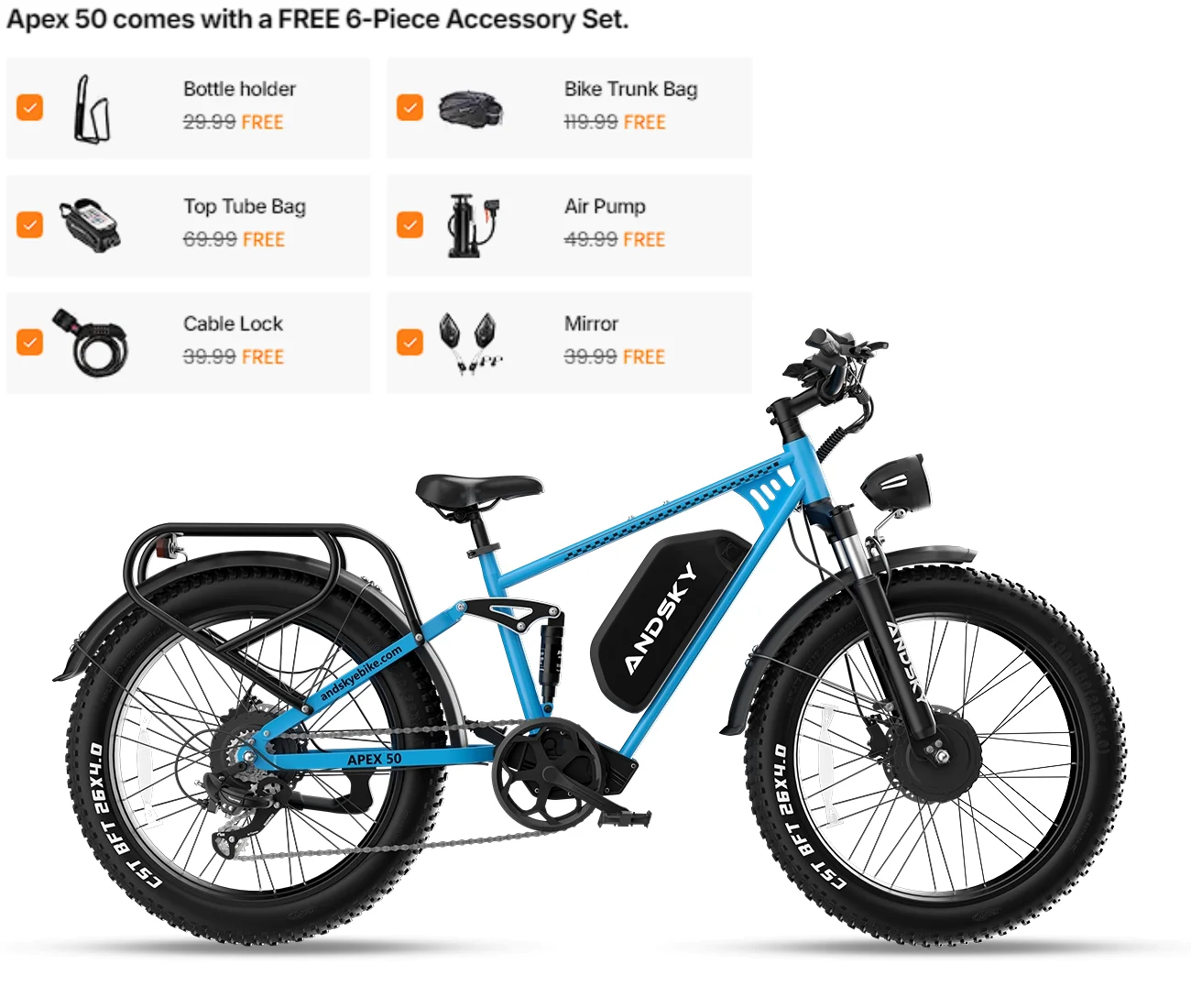 ANDSKY Apex50 AWD Electric Bike 3000W Dual Motor 35MPH 100Miles Long Range 48V/52V 25Ah Removable Battery City Off-Road Electric Bicycle for Adults Full Suspension 26*4 Inch All Terrain Fat Tire E-bike