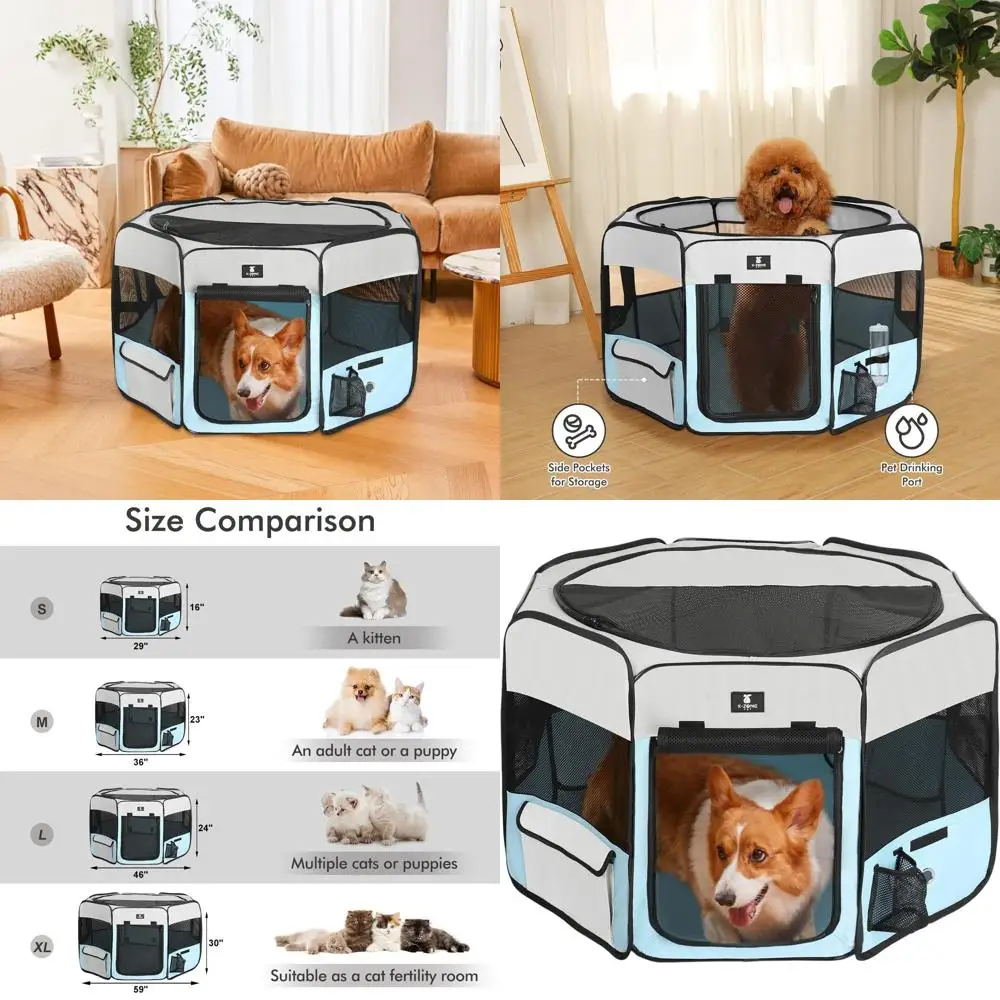 

Portable Pet Playpen for Dogs, Puppies, Cats, Rabbits, Chicks - Medium Blue Exercise and Travel Play Tent Kennel, Suitable for I