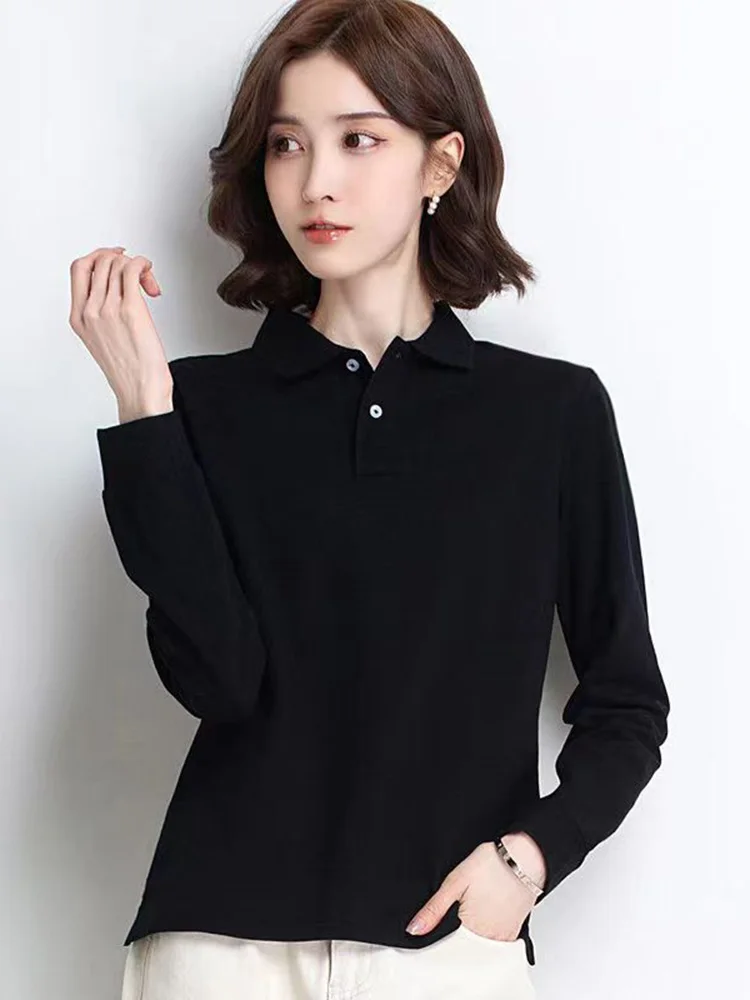 Women Autumn 100% Cotton Casual Long Sleeve Polos  Lapel T-shirt  Breathable Fit Lady Female Large Size Leisure Sport Tees Tops
