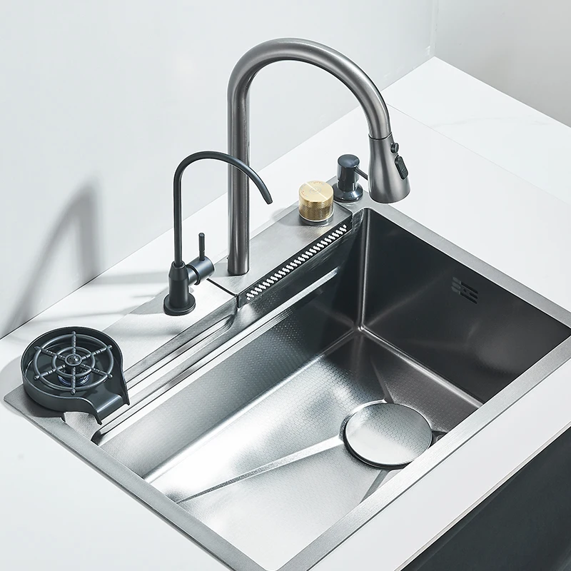 

304 Stainless Steel Large Single Slot Waterfall Kitchen Sink 60x45cm w/ Faucet Pure Water Soap Dispenser Cup Washer