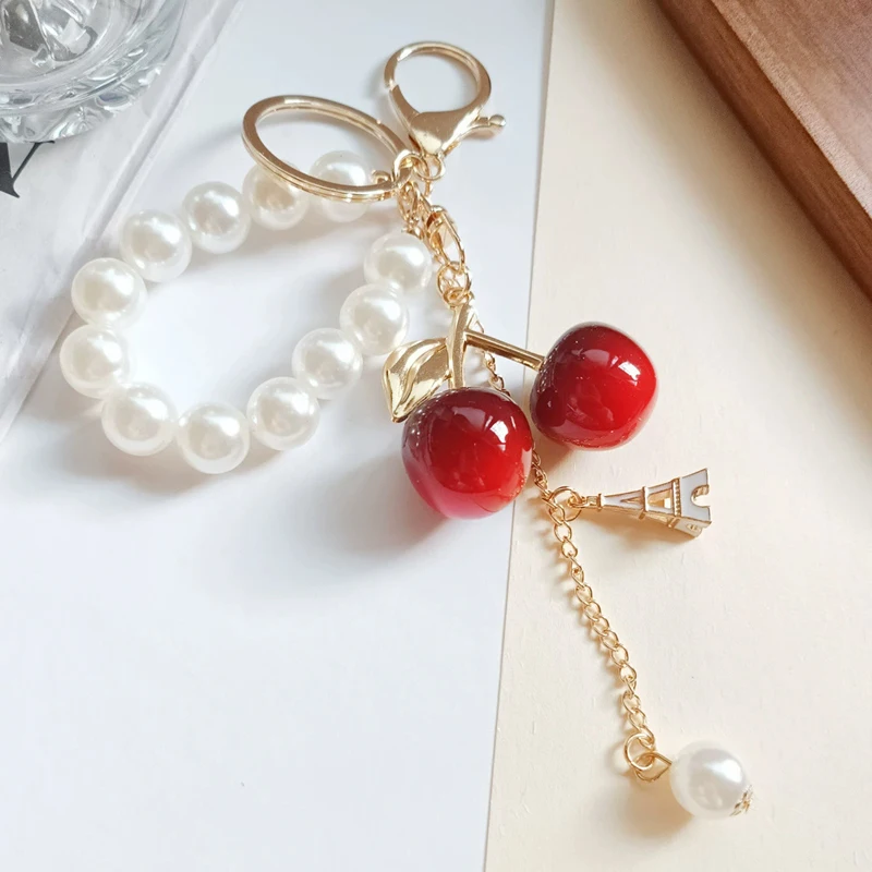 Exquisite High-End Simulated Cherry Pearl Beads Key Chain Bag Pendant Accessory for Mother's Day Holiday Gift