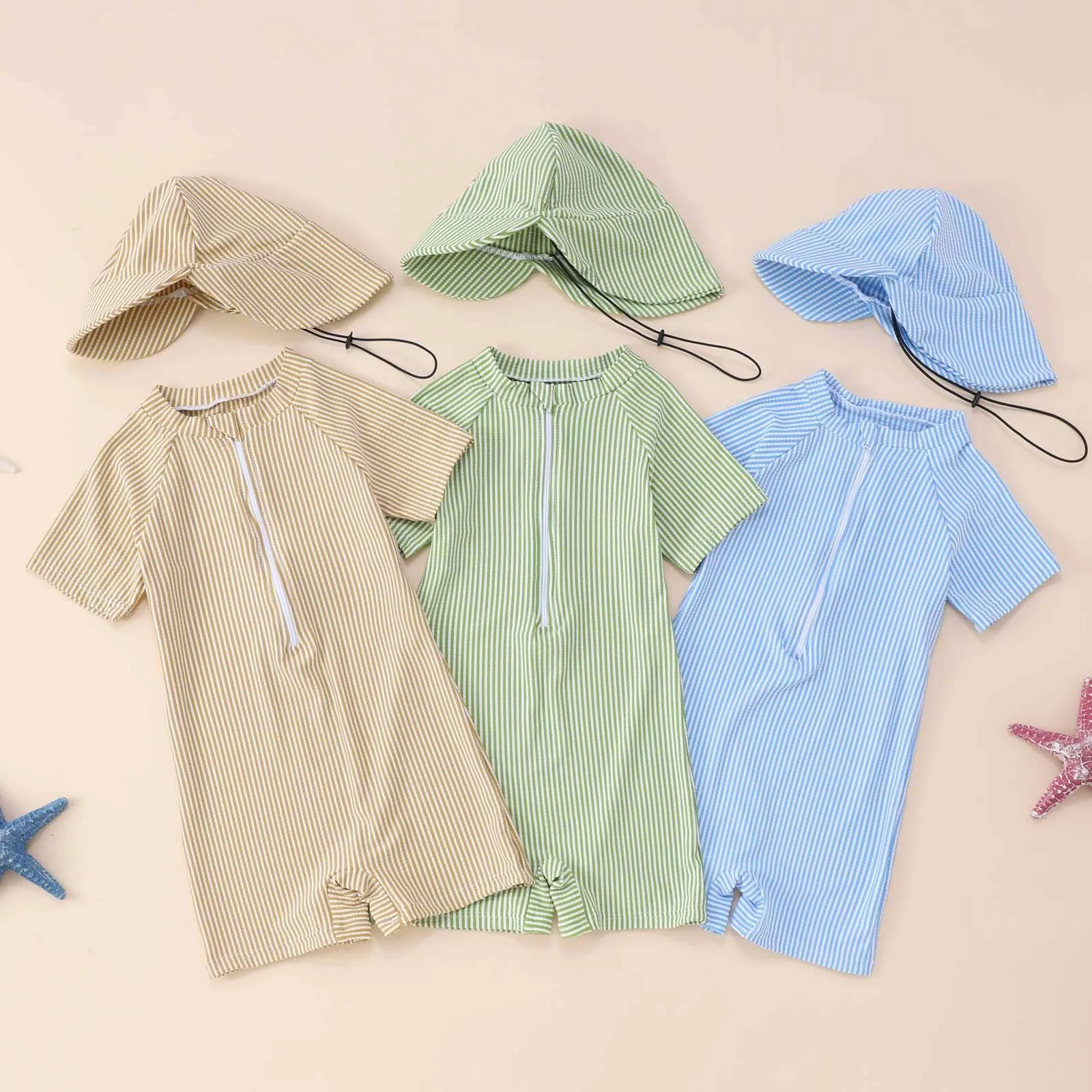 

Infant Baby Boys Swimwear With Hat Rash Guard Swimsuits For Toddler 0-5 Years Beach Pool New Summer Play Swimming Bathing Suits