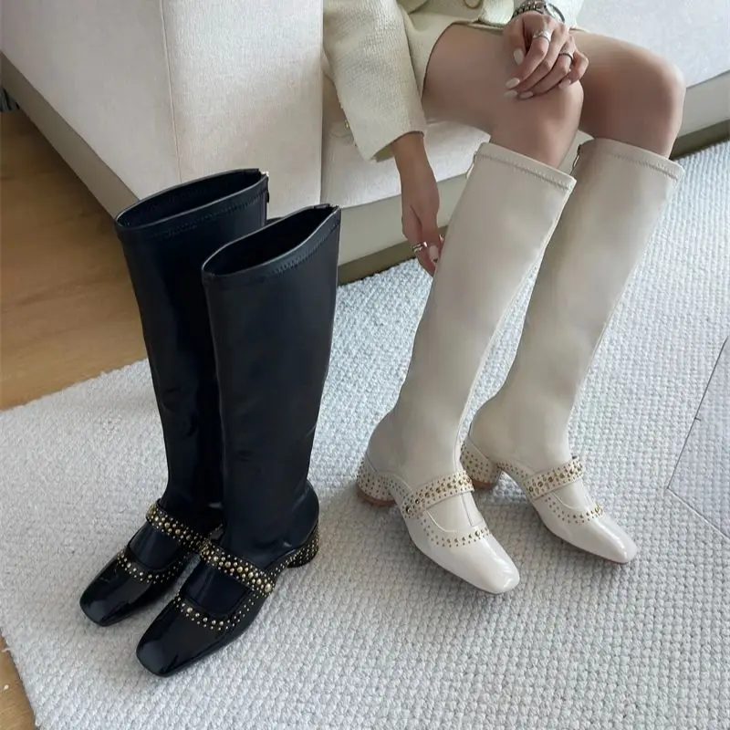 

Chunky Heels White Boots Back Zipper Fall Shoes Woman Rivet Designers Heels Long Boots 2025 Trend Fashion Mary Jane Black Boots