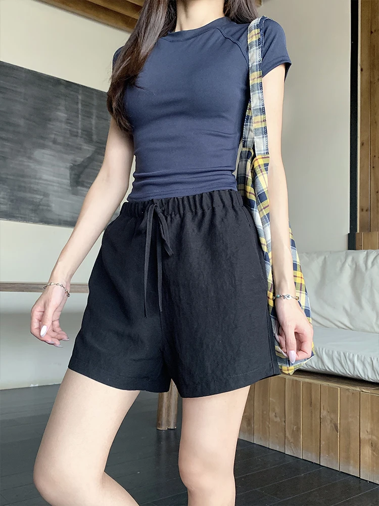 MosesQueen High Waist Drawstring Shorts Linen Loose Casual Wide Leg Beach Pants Women's High Waist Elastic Waist Shorts