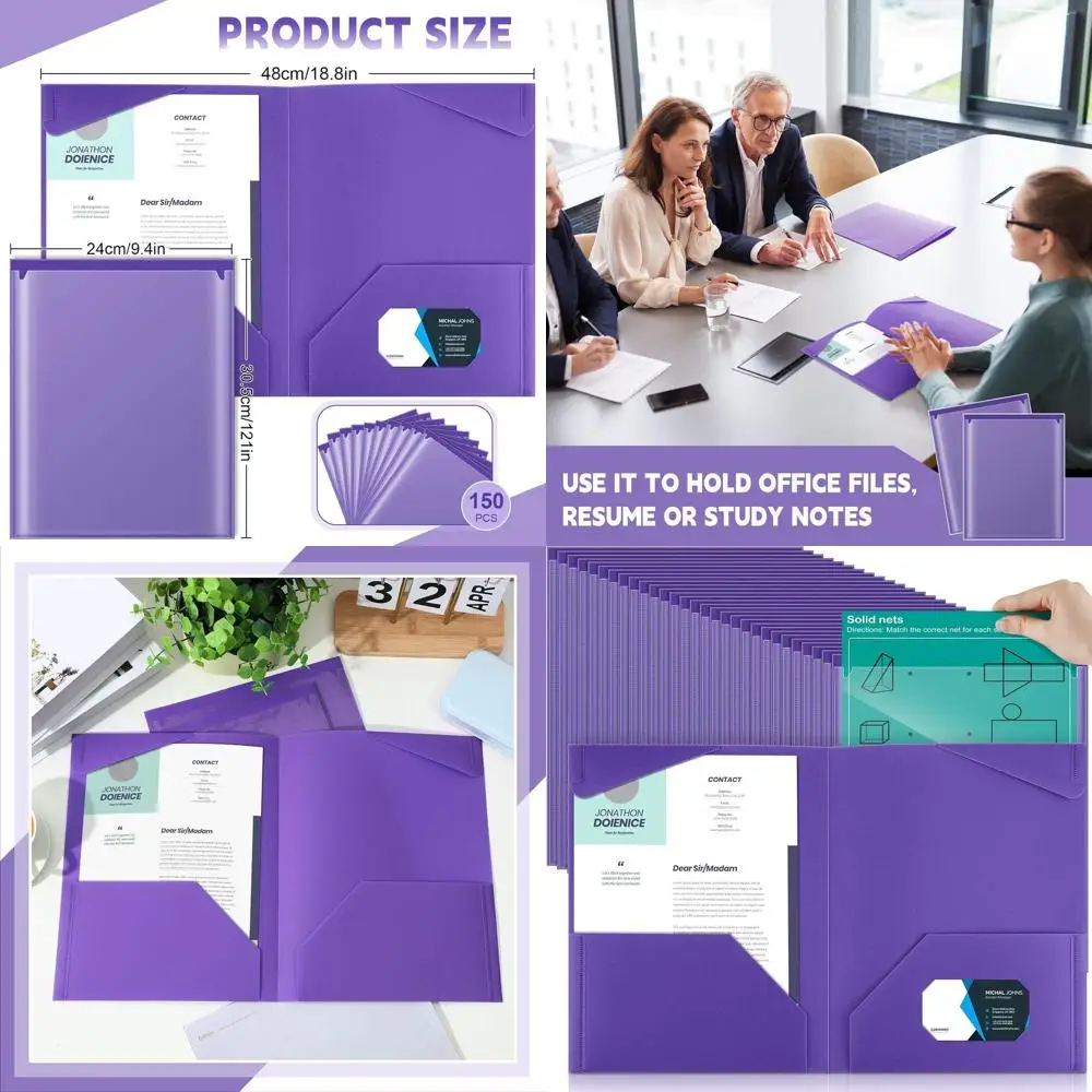 Carpetas de archivos de plástico resistentes con bolsillos frontales transparentes y ranura para tarjetas, 150 paquetes, moradas, ideales para el regreso a la escuela y la oficina S