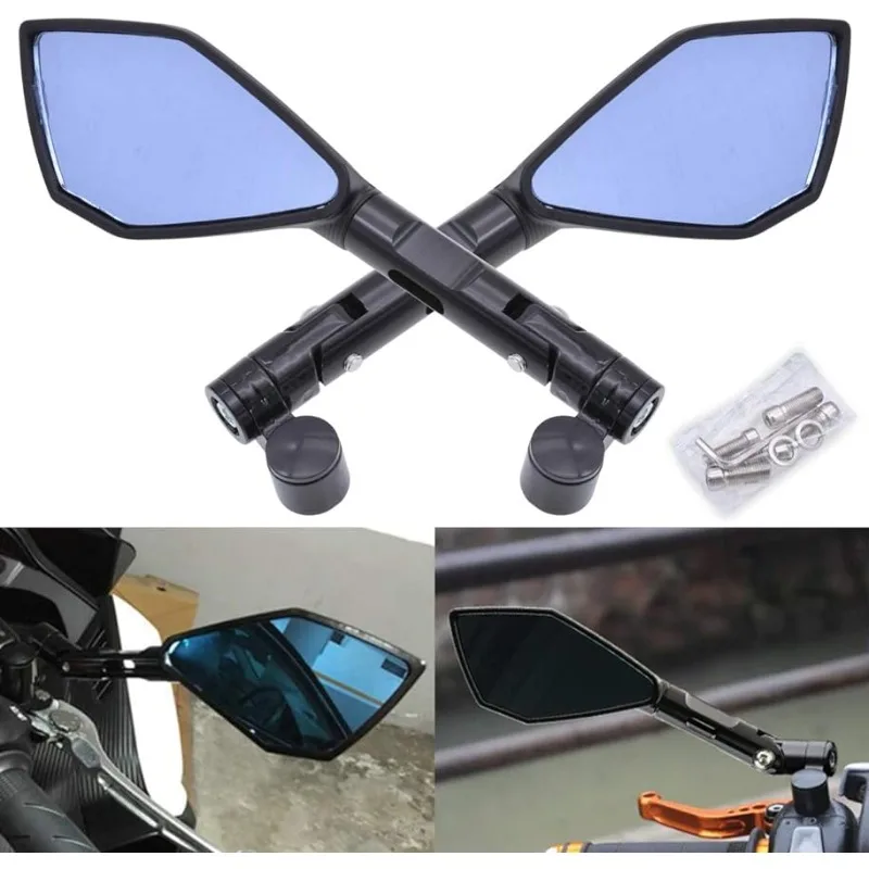 Motorcycle Handlebar End Mirrors Rear View Motorbike Anti Glare Bluish Hawk-Eye Mirrors 8MM 10MM Clockwise Threaded Bolts Mounts