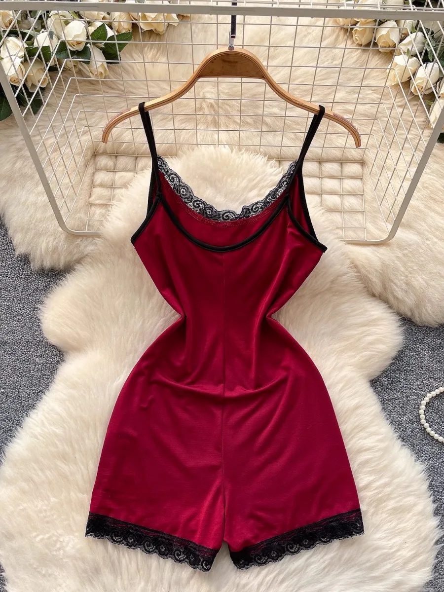 Foamlina-Body Sexy de encaje con tirantes y retazos para mujer, mono ajustado de color burdeos puro, pantalones cortos para esculpir el cuerpo
